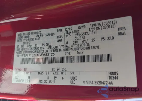 2016 Ford F-150 Platinum из США, поврежденный, VIN 1FTFW1EGXGFA83125